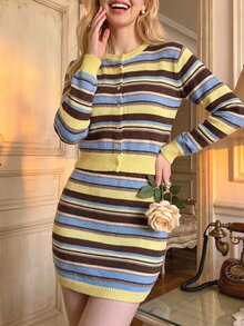 SHEIN MOD Women's 1pc Ribbed Knit Colorblock Striped Button Front Round Neck Long Sleeve Cropped Yellow Coquette Sweet Vintage Cardigan For Christmas Party Fall - Multicolor - View 4