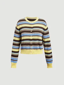 SHEIN MOD Women's 1pc Ribbed Knit Colorblock Striped Button Front Round Neck Long Sleeve Cropped Yellow Coquette Sweet Vintage Cardigan For Christmas Party Fall - Multicolor - View 5