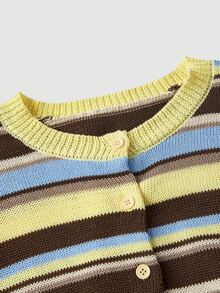 SHEIN MOD Women's 1pc Ribbed Knit Colorblock Striped Button Front Round Neck Long Sleeve Cropped Yellow Coquette Sweet Vintage Cardigan For Christmas Party Fall - Multicolor - View 7