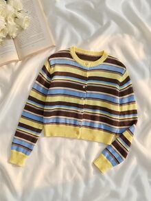 SHEIN MOD Women's 1pc Ribbed Knit Colorblock Striped Button Front Round Neck Long Sleeve Cropped Yellow Coquette Sweet Vintage Cardigan For Christmas Party Fall - Multicolor - View 2