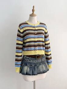 SHEIN MOD Women's 1pc Ribbed Knit Colorblock Striped Button Front Round Neck Long Sleeve Cropped Yellow Coquette Sweet Vintage Cardigan For Christmas Party Fall - Multicolor - View 3