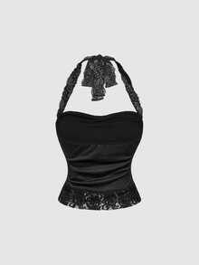 SHEIN MOD Women's Black, Form-Fitting Halter-Neck Tank Top Featuring An Open Back, Lace Trim, A Rhinestone Cross Motif, And Ruched Detailing. Blending Coquette - Black - View 6