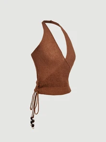SHEIN MOD Atasan Tank Top Rajut Wanita 1 Potong Warna Cokelat Polos dengan Leher V Dalam, Model Halter, Tanpa Punggung, Bertali, Hiasan Manik-manik, Tali Serut, Potongan Pendek, Gaya Boho Manis untuk Pesta Natal dan Musim Gugur - Coklat - View 7