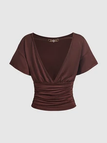SHEIN MOD 女款 1 件純色抓皺腰船領蝙蝠袖短袖 A 字喇叭裙中長洋裝 棕色 Coquette 風格 甜美優雅 適合聖誕派對、婚禮、秋季 - 巧克力棕 - 查看 10