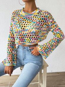 SHEIN LUNE Fashionable Colorful Hollow-Out Knit Cropped Sweater - Multicolor - View 5