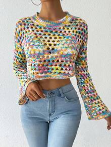 SHEIN LUNE Fashionable Colorful Hollow-Out Knit Cropped Sweater - Multicolor - View 3