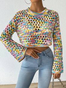 SHEIN LUNE Fashionable Colorful Hollow-Out Knit Cropped Sweater - Multicolor - View 4