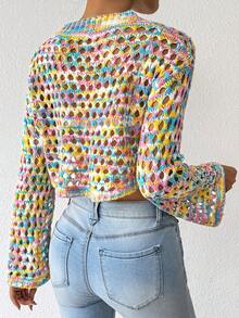 SHEIN LUNE Fashionable Colorful Hollow-Out Knit Cropped Sweater - Multicolor - View 2
