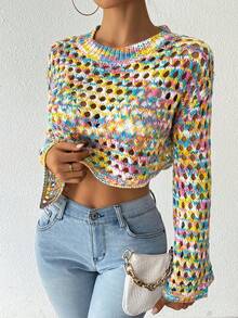 SHEIN LUNE Fashionable Colorful Hollow-Out Knit Cropped Sweater - Multicolor - View 6