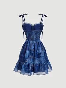 Skyraze Set Busana Wanita Model Cami dengan Rok Bertingkat dan Detail Ruffle di Bagian Bawah Motif Tie-Dye - Navy Blue - View 8