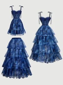 Skyraze Set Busana Wanita Model Cami dengan Rok Bertingkat dan Detail Ruffle di Bagian Bawah Motif Tie-Dye - Navy Blue - View 3
