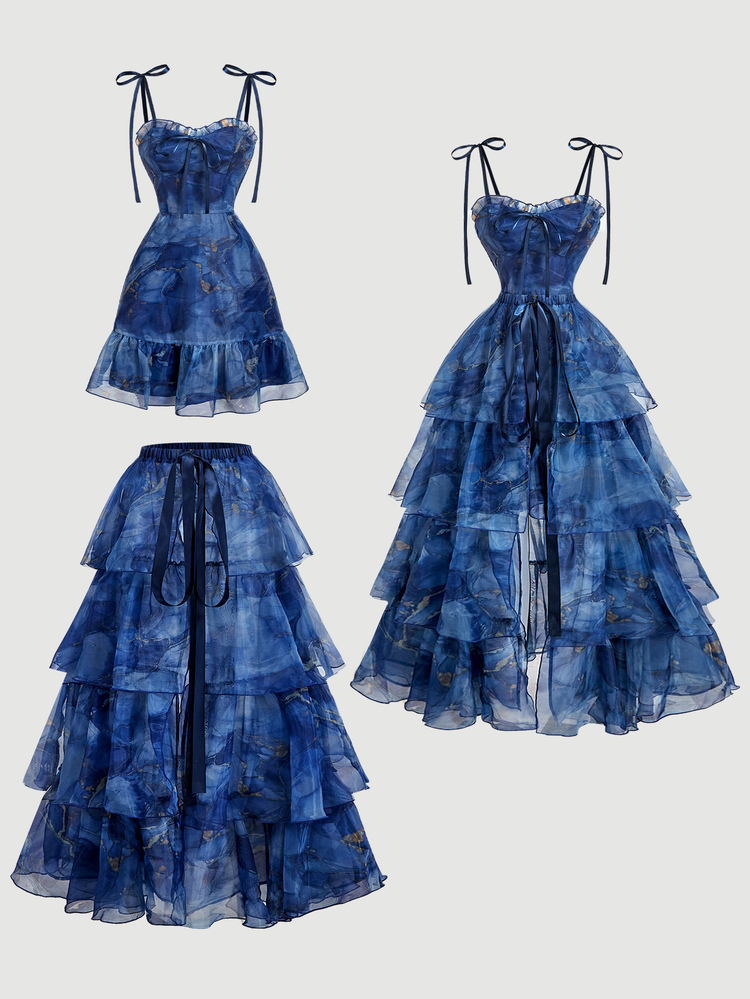 Skyraze Women's Tie-Dye Ruffle Hem Cami Dress With Tiered Skirt Fashion Set - Navy Blue - View 2