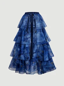 Skyraze Set Busana Wanita Model Cami dengan Rok Bertingkat dan Detail Ruffle di Bagian Bawah Motif Tie-Dye - Navy Blue - View 7