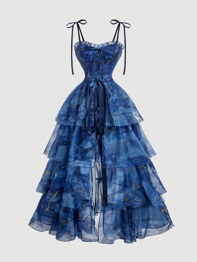 Skyraze Conjunto de moda con vestido camisola de mujer con estampado tie-dye, volantes en el bajo y falda escalonada