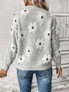 SHEIN LUNE Suéter de punto con cremallera media y hombros caídos con estampado floral para otoño e invierno - Gris - Ver 2