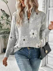 SHEIN LUNE Suéter de punto con cremallera media y hombros caídos con estampado floral para otoño e invierno - Gris - Ver 8