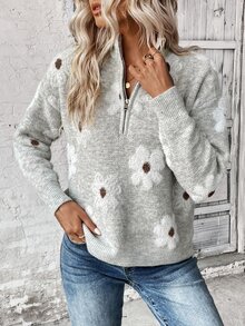 SHEIN LUNE Suéter de punto con cremallera media y hombros caídos con estampado floral para otoño e invierno - Gris - Ver 5