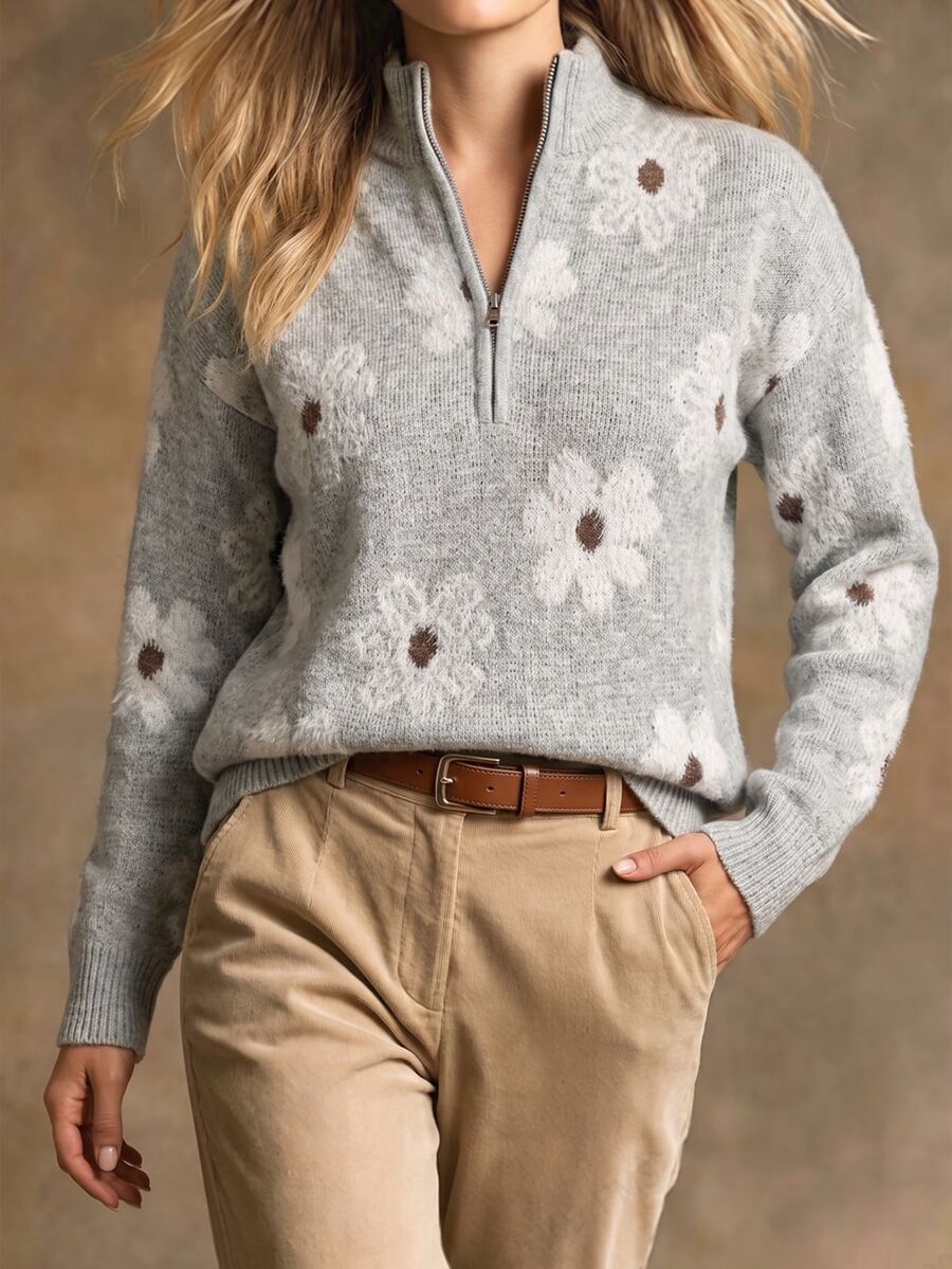 SHEIN LUNE Suéter de punto con cremallera media y hombros caídos con estampado floral para otoño e invierno - Gris - Ver 1