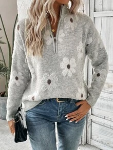 SHEIN LUNE Suéter de punto con cremallera media y hombros caídos con estampado floral para otoño e invierno - Gris - Ver 4