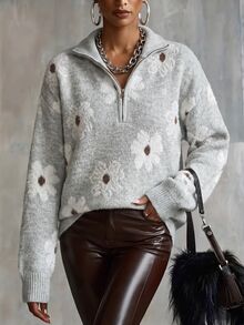 SHEIN LUNE Suéter de punto con cremallera media y hombros caídos con estampado floral para otoño e invierno - Gris - Ver 3
