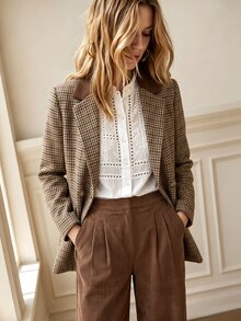 SHEIN 女款格紋長袖夾克與長褲休閒商務優雅正式套裝，教師節辦公室穿搭，棕色格紋外出夏季/秋季套裝 - 咖啡棕 - 查看 2