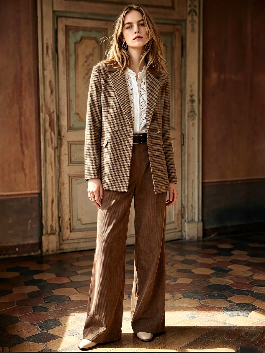 SHEIN Women's Plaid Long Sleeve Jacket And Pants Casual Business Elegant Formal Suit Set Teachers' Day Office Brown Plaid Going Out Summer/Fall Outfits
