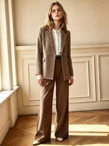 SHEIN 女款格紋長袖夾克與長褲休閒商務優雅正式套裝，教師節辦公室穿搭，棕色格紋外出夏季/秋季套裝 - 咖啡棕 - 查看 7