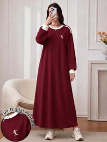 Modelyn Gaun Sweatshirt Kasual Lengan Panjang Leher Bulat Bahu Longgar Motif Ksatria untuk Wanita - MultiWarna - View 1
