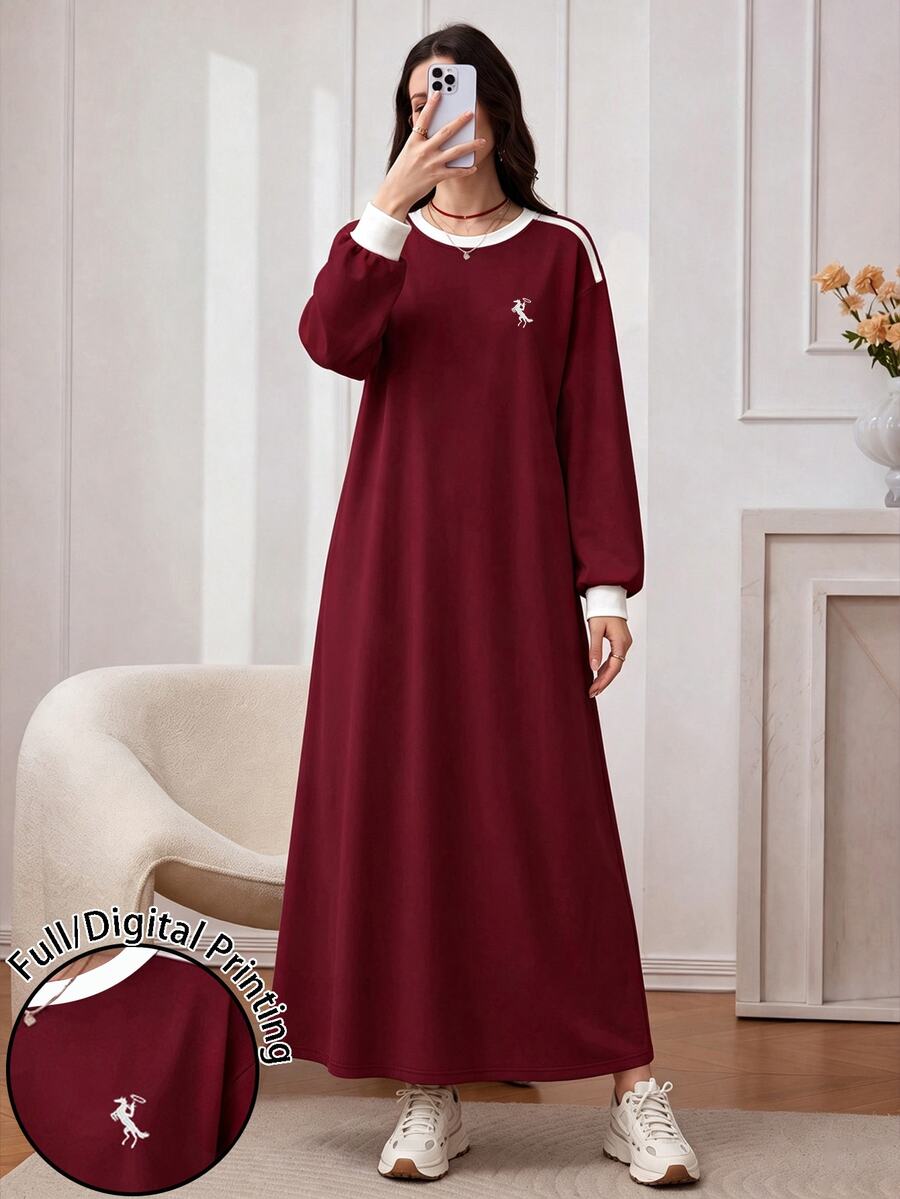 Modelyn Gaun Sweatshirt Kasual Lengan Panjang Leher Bulat Bahu Longgar Motif Ksatria untuk Wanita - MultiWarna - View 1