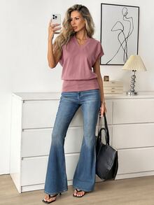 Easowa Kaos Polos Kasual Wanita, Musim Panas, Atasan Musim Panas - Red Violet - View 3