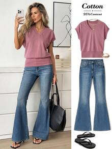 Easowa Kaos Polos Kasual Wanita, Musim Panas, Atasan Musim Panas - Red Violet - View 1