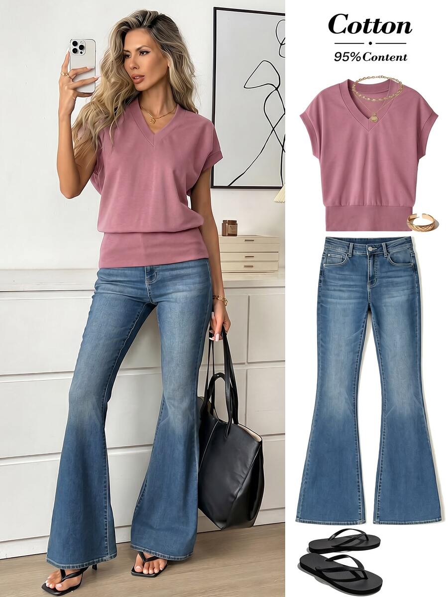 Easowa Kaos Polos Kasual Wanita, Musim Panas, Atasan Musim Panas - Red Violet - View 1