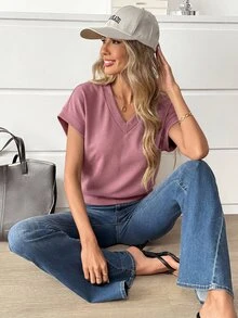 Easowa Kaos Polos Kasual Wanita, Musim Panas, Atasan Musim Panas - Red Violet - View 5