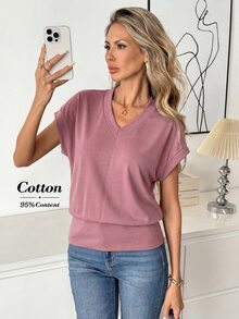 Easowa Kaos Polos Kasual Wanita, Musim Panas, Atasan Musim Panas - Red Violet - View 4