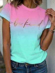 Zolique Kaos Kasual Wanita Lengan Pendek Musim Panas dengan Cetakan Huruf dan Warna Ombre - Merah - View 3