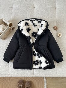 SHEIN 女童 2026 冬季新品：復古風卡其色花卉拉鍊連帽外套，抓絨內裡，加厚保暖，彈性腰部設計 - 黑色 - 查看 4