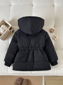 SHEIN 女童 2026 冬季新品：復古風卡其色花卉拉鍊連帽外套，抓絨內裡，加厚保暖，彈性腰部設計 - 黑色 - 查看 3