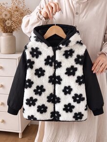 SHEIN 女童 2026 冬季新品：復古風卡其色花卉拉鍊連帽外套，抓絨內裡，加厚保暖，彈性腰部設計 - 黑色 - 查看 9