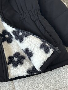 SHEIN 女童 2026 冬季新品：復古風卡其色花卉拉鍊連帽外套，抓絨內裡，加厚保暖，彈性腰部設計 - 黑色 - 查看 6