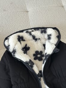 SHEIN 女童 2026 冬季新品：復古風卡其色花卉拉鍊連帽外套，抓絨內裡，加厚保暖，彈性腰部設計 - 黑色 - 查看 5