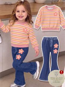 SHEIN Sweet Cute Fashion Striped Pattern Print Crew Neck Sweatshirt With Matching Print Pattern Flare Pants Long Pants Outfit, Suitable Autumn/Winter Daily - Multicolor - View 1