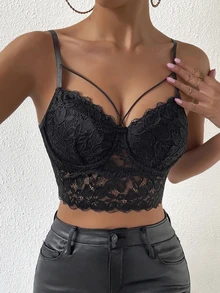 Chiquease Solid Criss Cross Crop Lace Cami Top - Black - View 6