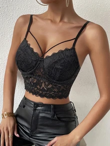 Chiquease Solid Criss Cross Crop Lace Cami Top - Black - View 7