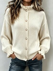 SHEIN Women's Solid Color Drop Shoulder Long Sleeve Single-Breasted Knit Cardigan Everyday High Tea White Fall French Casual Elegant Office - Apricot - View 2