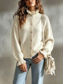SHEIN Women's Solid Color Drop Shoulder Long Sleeve Single-Breasted Knit Cardigan Everyday High Tea White Fall French Casual Elegant Office - Apricot - View 5