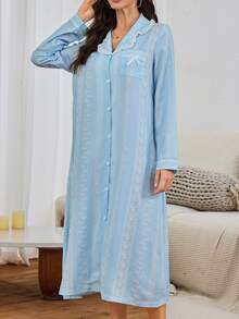Serenescape Women's Striped Floral Print Vacation Style Long Sleeve Nightgown, Front Button Pocket Bow Design, Lace Patchwork Ruffle Hem, Light Blue Autumn Cute - Blue - View 6