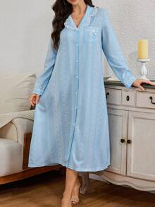 Serenescape Women's Striped Floral Print Vacation Style Long Sleeve Nightgown, Front Button Pocket Bow Design, Lace Patchwork Ruffle Hem, Light Blue Autumn Cute - Blue - View 3
