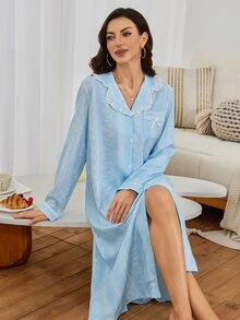 Serenescape Women's Striped Floral Print Vacation Style Long Sleeve Nightgown, Front Button Pocket Bow Design, Lace Patchwork Ruffle Hem, Light Blue Autumn Cute - Blue - View 4