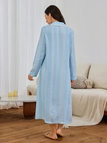Serenescape Women's Striped Floral Print Vacation Style Long Sleeve Nightgown, Front Button Pocket Bow Design, Lace Patchwork Ruffle Hem, Light Blue Autumn Cute - Blue - View 2