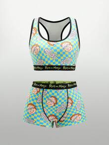 Rick and Morty X SHEIN طقم ملابس داخلية نسائي بطبعة كرتونية يتكون من توب بدون أكمام وسروال داخلي - أخضر - مشاهدة 3